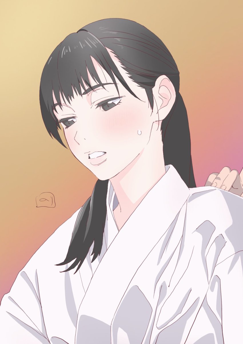 1girl black_eyes black_hair blush disembodied_hand hair_over_shoulder highres igarashi_sakura kamen_rider kamen_rider_revice lips long_hair nori_(norimakigumo) ponytail simple_background sweatdrop