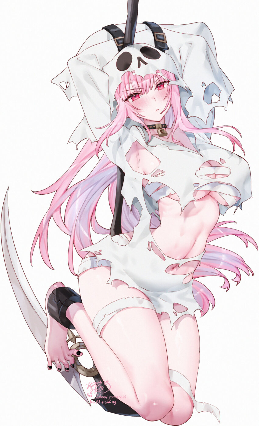 1girl :&lt; absurdres alternate_costume ankle_cuffs arms_up barefoot black_collar black_nails blunt_bangs bound bound_arms breasts chest_sarashi closed_mouth collar commentary english_commentary full_body ghost_costume highres holding holding_scythe hololive hololive_english hood hood_up kamiya_maneki large_breasts long_hair looking_at_viewer mori_calliope nail_polish navel pink_eyes pink_hair sarashi scythe sidelocks simple_background sleeves_past_fingers sleeves_past_wrists solo stomach toenail_polish toenails toes torn_clothes very_long_hair virtual_youtuber white_background