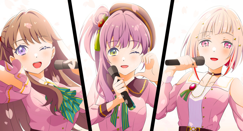 3girls :d ;d absurdres ascot bare_shoulders blush bob_cut breasts brown_hair clothing_cutout collarbone collared_dress column_lineup commentary_request contrast_collar dream_believers dress flower frilled_ascot frilled_sleeves frills fujishima_megumi green_ascot green_eyes green_ribbon grey_hair hair_bun hair_flower hair_ornament half-heart_hands highres holding holding_microphone inverted_bob kujo_awenn link!_like!_love_live! long_hair long_sleeves looking_at_viewer love_live! medium_breasts microphone multicolored_hair multiple_girls neck_ribbon one_eye_closed open_mouth otomune_kozue outstretched_arm pink_dress pink_eyes pinstripe_ascot pinstripe_ribbon purple_eyes purple_hair red_flower red_hair ribbon rounded_collar short_hair short_sleeves shoulder_cutout side_ponytail sidelocks simple_background single_side_bun smile star_(symbol) star_hair_ornament streaked_hair teeth two_side_up upper_body upper_teeth_only virtual_youtuber white_background yugiri_tsuzuri