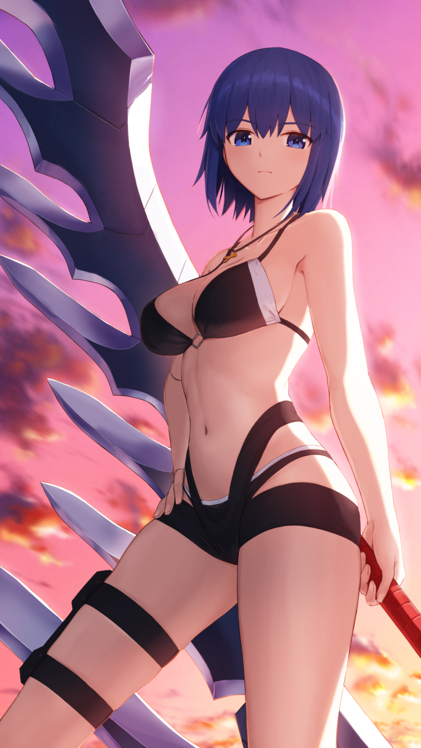1girl ahoge bare_shoulders bikini black_bikini blue_eyes blue_hair breasts c.i.e.l_(fate) c.i.e.l_(first_ascension)_(fate) ciel_(tsukihime) cross cross_necklace fate/grand_order fate_(series) gradient_sky highres jewelry kamo_ashi large_breasts looking_at_viewer navel necklace orange_sky pink_sky short_hair sky solo swimsuit sword thighs twilight weapon
