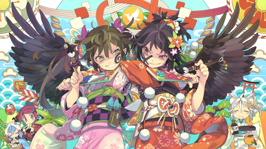 5girls animal_ears arm_around_shoulder arrow_(projectile) bamboo belt_pouch bird bird_wings black_hair blue_hair blue_kimono bottle bowl brown_eyes calligraphy_brush chicken chinese_zodiac chopsticks closed_eyes commentary_request daruma_doll drawing_on_another&#039;s_face eating evil_grin evil_smile fang fang_out flower food food_in_mouth furisode green_eyes grill grin hagoita hair_flower hair_ornament hamaya hanetsuki highres himekaidou_hatate holding holding_food horns inkwell inkstone inubashiri_momiji japanese_clothes kimono long_sleeves looking_at_another mochi morino_hon multiple_girls mystia_lorelei new_year obi paddle paintbrush pink_kimono pom_pom_(clothes) pouch red_eyes red_hair red_kimono rooster sash shaded_face shameimaru_aya smile tail tokiko_(touhou) torii touhou twintails wagashi white_hair white_kimono wide_sleeves wings wolf_ears wolf_tail year_of_the_rooster