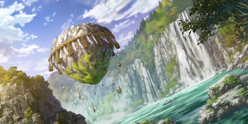 cliff cloud day floating_island forest highres kaname-ishi kosian lake moss nature no_humans non-web_source official_art rock rope scenery second-party_source shimenawa sky touhou touhou_lostword water waterfall