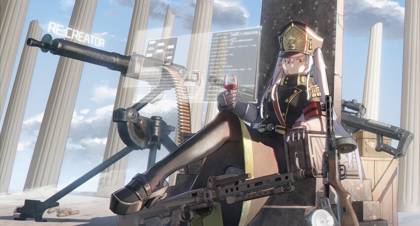 1girl absurdres alcohol altair_(re:creators) ammunition ammunition_belt anti-materiel_rifle barrett_m82 belt black_thighhighs blue_sky buttons chinese_commentary circuit_board_print clothing_request cloud coat commentary_request crossed_legs cup drinking_glass eyelashes full_body gauntlets gold_trim gun hair_between_eyes hat highres holographic_interface light_machine_gun long_hair long_skirt looking_at_viewer looking_down m60_(machine_gun) machine_gun magazine_(weapon) military_uniform pillar platform_shoes ppsh-41 re:creators red_eyes red_wine rifle shako_cap shell_casing shoes sitting sitting_on_throne skirt sky sniper_rifle solo submachine_gun thighhighs throne user_jsru8742 very_long_hair weapon weapon_request white_hair wine wine_glass
