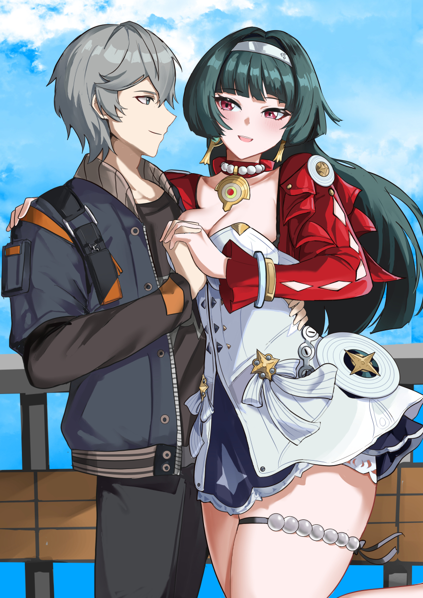 1boy 1girl absurdres astra_yao black_hair blunt_sidelocks breasts earrings hairband hetero highres interlocked_fingers jacket jackets jewelry necklace pearl_necklace red_jacket sidelocks thigh_beads tian_kazuki uneven_bangs white_hairband wise_(zenless_zone_zero) zenless_zone_zero
