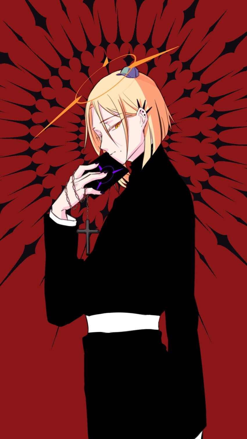 1boy black_nails blonde_hair book cassock closed_mouth cross ear_piercing hair_between_eyes halo hat highres holding holding_book holostars holostars_english magni_dezmond mole nynna_n piercing priest red_background solo virtual_youtuber yellow_eyes
