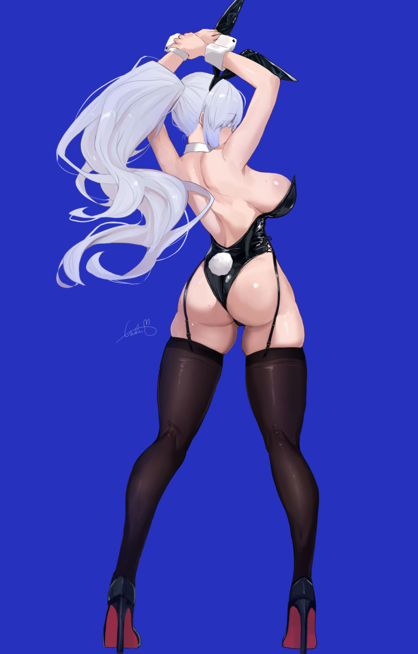 1girl animal_ears armpits arms_up ass backless_leotard bare_shoulders black_hairband black_leotard black_thighhighs blue_background breasts character_request copyright_request detached_collar fake_animal_ears fake_tail from_behind full_body hair_ornament hairband high_heels highres large_breasts leotard playboy_bunny ponytail rabbit_ears rabbit_tail signature simple_background solo standing tail thighhighs thighs untue white_hair wrist_cuffs