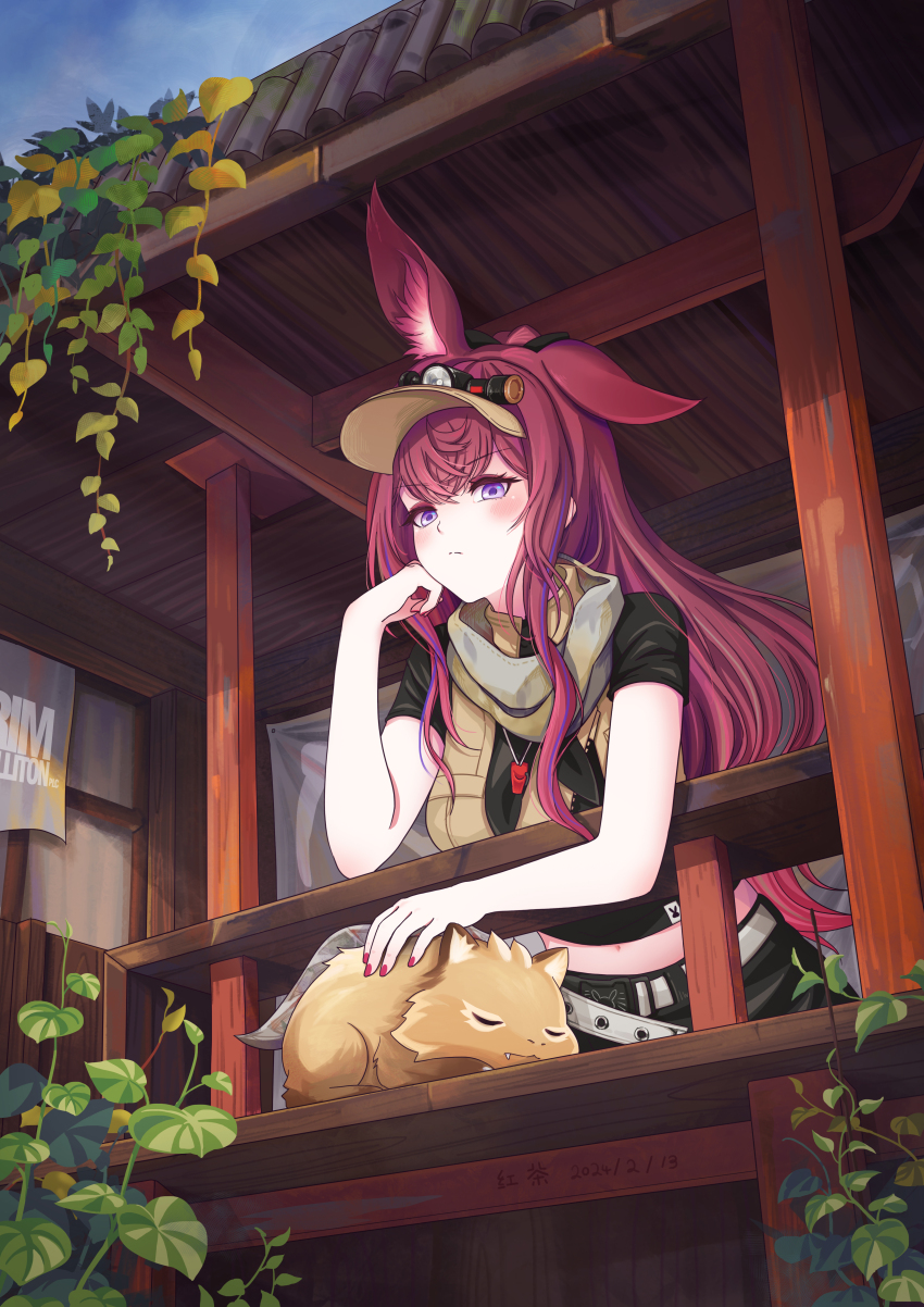 1girl absurdres animal animal_ears arknights black_shirt blush chinese_commentary closed_mouth commentary_request dated highres lao_qi leaning long_hair looking_at_viewer midriff multicolored_hair navel partial_commentary petting pink_hair plant purple_eyes purple_hair ray_(arknights) shirt short_sleeves single_ear_down solo split_mouth streaked_hair visor_cap whistle whistle_around_neck
