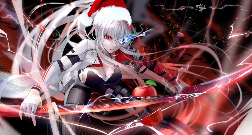 1girl absurdres apple asymmetrical_gloves black_pantyhose breasts cleavage drawing_sword food fruit fur-trimmed_headwear fur_trim gloves glowing glowing_eye hat highres holding holding_sword holding_weapon jacket large_breasts leaning_forward lightning long_hair looking_at_viewer mismatched_gloves open_clothes open_jacket pantyhose punishing:_gray_raven red_eyes red_gloves santa_hat sliced sliced_fruit smll233 solo sword thigh_strap variant_set very_long_hair weapon white_gloves white_hair white_jacket