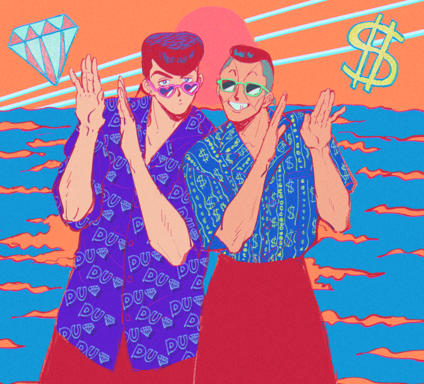 2boys commentary diamond_print diamond_wa_kudakenai dollar_sign earrings heart heart-shaped_eyewear higashikata_josuke jewelry jojo_no_kimyou_na_bouken multiple_boys nijimura_okuyasu oniyama831 pompadour smile stud_earrings sunglasses