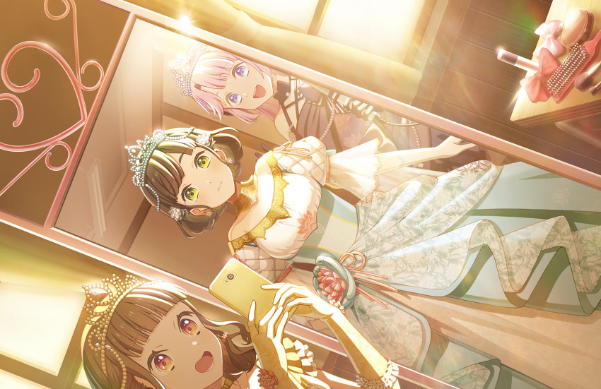 3girls :d anyoji_hime anyoji_hime_(kaikou_no_butoukai) aqua_tiara bare_shoulders black_hair blue_eyes blunt_bangs blush bob_cut bow breasts brown_hair cellphone closed_mouth collarbone comb dress dress_flower dutch_angle elbow_gloves flower frilled_gloves frills full-length_mirror game_cg gloves gold_tiara green_eyes hair_flower hair_ornament halter_dress halterneck hand_mirror highres holding holding_phone in-universe_location indoors kachimachi_kosuzu kachimachi_kosuzu_(tankyuu_no_butoukai) link!_like!_love_live! long_hair looking_at_another looking_at_reflection looking_at_self lotus love_live! lower_teeth_only makeup_brush medium_breasts mirror momose_ginko momose_ginko_(kiseki_no_butoukai_(104th)) multiple_girls off-shoulder_dress off_shoulder official_alternate_costume official_alternate_hairstyle official_art open_mouth phone pink_flower pink_hair princess puffy_short_sleeves puffy_sleeves purple_dress red_bow reflection reflection_focus short_hair short_sleeves sidelocks smartphone smile split_mouth standing taking_picture teeth third-party_source tiara unworn_bow upper_teeth_only virtual_youtuber white_dress white_flower white_gloves window yellow_dress yellow_gloves