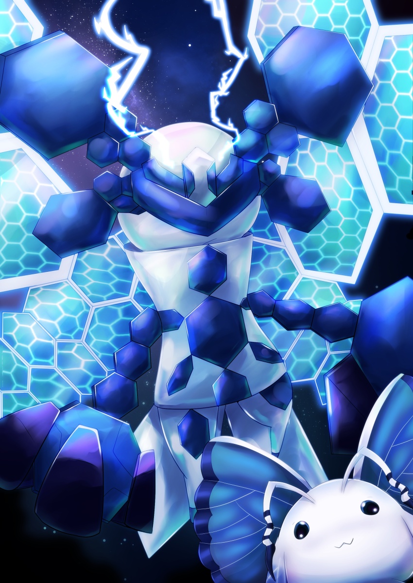 :3 absurdres armor black_eyes blue_visor blue_wings butterfly_wings colored_skin digimon digimon_(creature) electricity eosmon_adult full_body head_wings hexagon highres insect_wings lastunicorninoz looking_at_viewer mechanical_wings morphomon nebula no_humans non-humanoid_robot robot smile solid_circle_eyes space star_(sky) white_armor white_skin wings