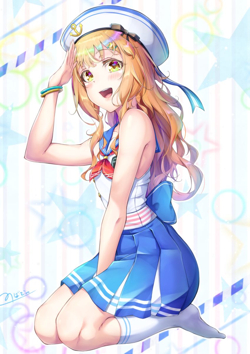1boy :d androgynous blonde_hair blouse blue_hair blush crossdressing full_body hat highres long_hair looking_at_viewer male_focus multicolored_hair natsusora_wakana novady open_mouth original salute school_uniform serafuku shiny_skin shirt signature skirt smile socks solo thighhighs trap white_hat white_shirt white_thighhighs wide_hips