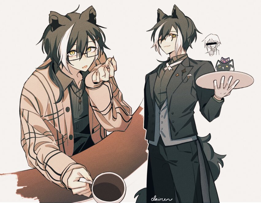 1boy :o ;3 animal_ears black_coat black_hair black_pants black_suit brown_cardigan butler cardigan cat censored censored_identity chibi chibi_inset claireiosity coat commentary cowboy_shot cross_tie cup english_commentary fang fingernails formal_clothes glasses gloves grey_shirt grey_vest hair_between_eyes hair_ornament hair_over_shoulder hairclip hand_up highres holding holding_cup holding_tray holostars jackal_boy jackal_ears jackal_tail jewelry kageyama_shien koyama_(kageyama_shien) kuroshitsuji lapel_pin looking_at_viewer looking_up low_ponytail male_focus medium_hair monocle multicolored_hair multiple_views nakayama_(kageyama_shien) necklace official_alternate_costume one_eye_closed open_cardigan open_clothes open_collar open_mouth pants plaid_cardigan plaid_clothes ponytail sebastian_michaelis sharp_fingernails shirt sideways_glance skin_fang slit_pupils smile standing suit surprised table tail tailcoat tray two-tone_hair upper_body vest virtual_youtuber white_background white_gloves white_hair yellow_eyes