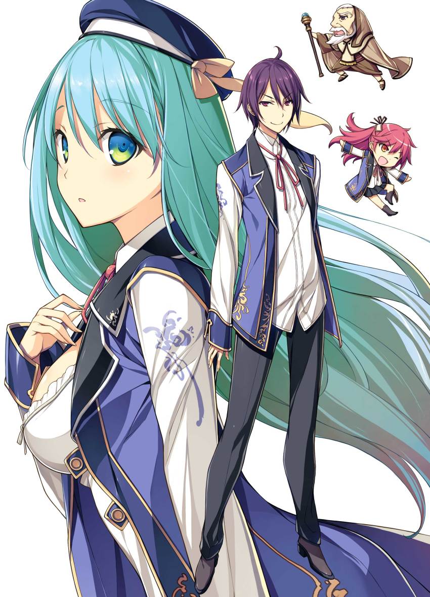 2boys 2girls absurdres advanced_magic_academy_school_uniform ahoge aqua_hair beard beret blue_eyes chibi chibi_inset facial_hair hat highres kenja_no_mago kikuchi_seiji long_hair long_sleeves maria_von_messina merlin_wolford multiple_boys multiple_girls official_art old old_man purple_eyes purple_hair red_eyes red_hair red_neckwear ribbon school_uniform shin_wolford sicily_von_claude staff very_long_hair white_background white_hair