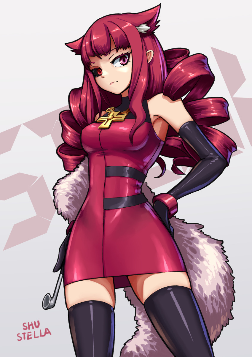 1girl absurdres animal_ear_fluff animal_ears bare_shoulders black_gloves black_thighhighs breasts cat_ears cowboy_shot cross dress drill_hair elbow_gloves gloves hand_on_own_hip highres holding holding_smoking_pipe looking_at_viewer medium_breasts quad_drills red_dress red_eyes red_hair shu-stella sleeveless sleeveless_dress smoking_pipe solo stella_hoshii thighhighs va-11_hall-a