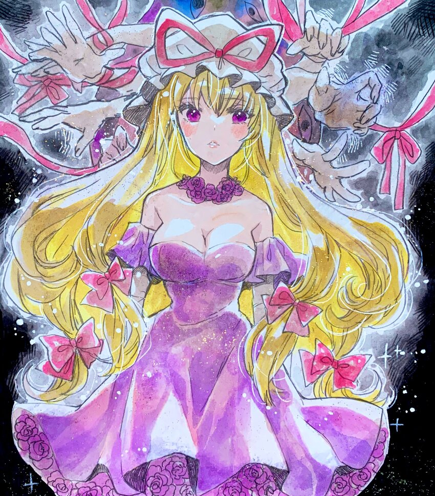 1girl absurdres akaioringo2023 bare_shoulders black_background blonde_hair breasts cleavage cowboy_shot dress hat highres long_hair medium_breasts mob_cap portrait_(object) purple_dress purple_eyes solo_focus touhou white_hat yakumo_yukari