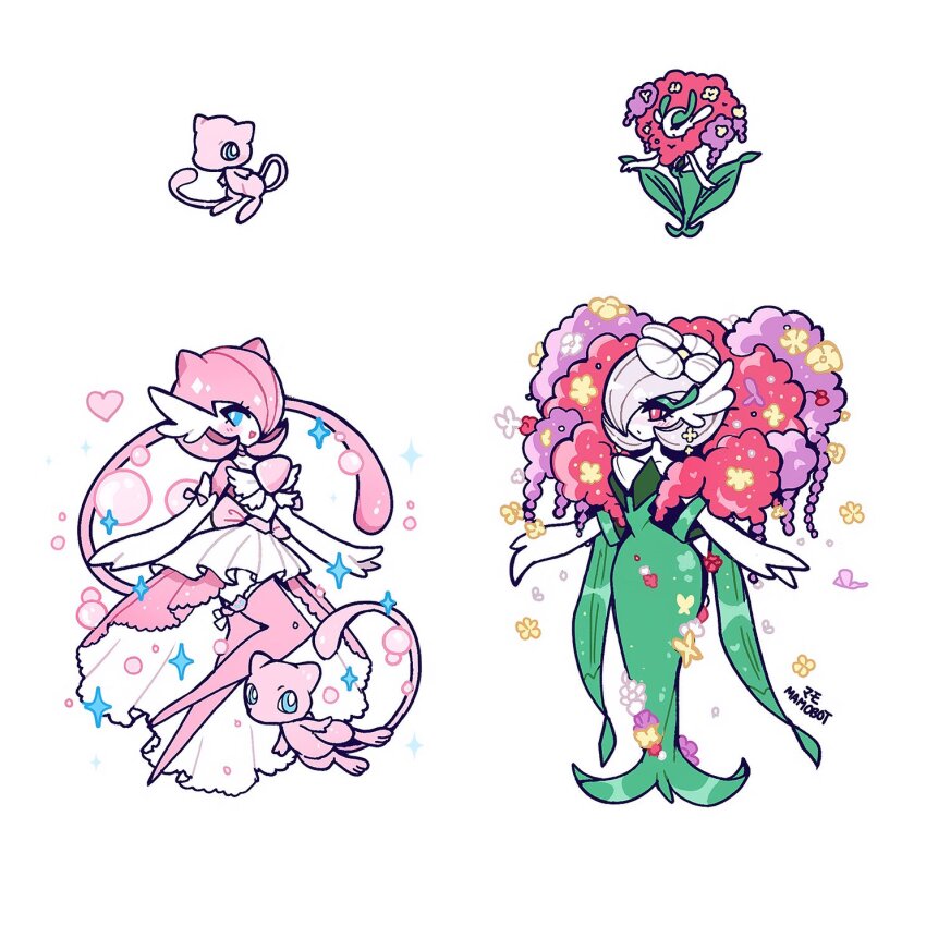 blue_eyes bob_cut cosplay dress elbow_gloves florges florges_(cosplay) flower gardevoir gen_1_pokemon gen_3_pokemon gen_6_pokemon gloves green_dress hair_flower hair_ornament hair_over_one_eye highres legendary_pokemon mamobot mew_(pokemon) mythical_pokemon nintendo pink_eyes pink_fur pink_hair pink_thighhighs pokemon pokemon_(creature) simple_background sparkle thighhighs two-tone_dress white_background white_flower white_gloves