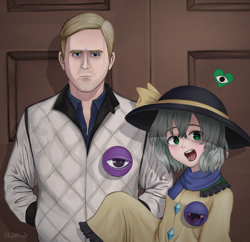 1boy 1girl absurdres black_headwear blonde_hair blue_scarf blue_shirt bow collared_shirt crossover drive_(movie) driver_(drive) eyeball frilled_sleeves frills green_eyes green_hair grummsed hands_in_pockets hat hat_bow highres jacket koishi_komeiji&#039;s_heart-throbbing_adventure komeiji_koishi long_sleeves medium_hair open_mouth ribbon scarf shirt short_hair sleeves_past_fingers sleeves_past_wrists toothpick touhou very_short_hair white_jacket yellow_bow yellow_ribbon yellow_shirt