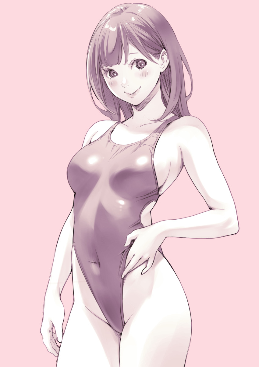 1girl absurdres breasts commentary_request competition_swimsuit covered_navel cowboy_shot hand_on_own_hip highleg highleg_one-piece_swimsuit highres looking_at_viewer macosee medium_breasts medium_hair monochrome one-piece_swimsuit original pink_background sepia smile solo standing swimsuit