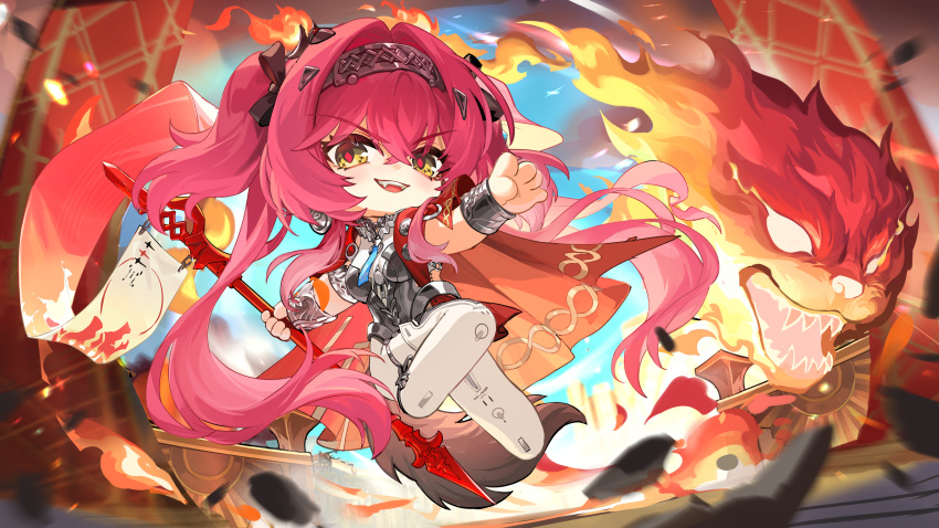 1girl absurdres armor black_bow boots bow breastplate breasts chibi chibi_only chinese_commentary collar commentary_request earrings fire hair_between_eyes hair_bow hairband highres holding holding_polearm holding_weapon jewelry long_hair looking_at_viewer lupa_(wuthering_waves) medium_breasts metal_collar metal_hairband multiple_hair_bows pink_hair polearm red_pupils smile solo tail teeth thigh_boots upper_teeth_only v-shaped_eyebrows weapon white_boots wolf_tail wrist_guards wuthering_waves yellow_eyes yuden6969