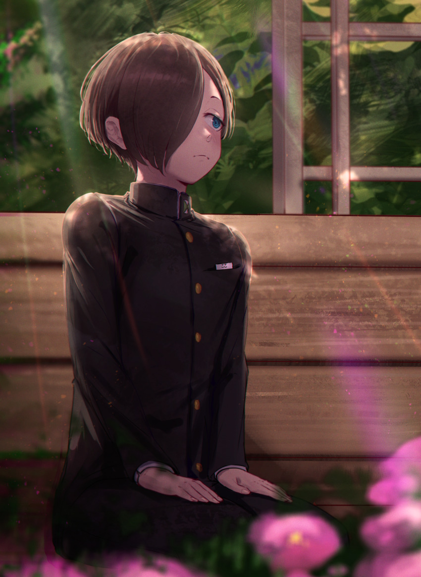 1boy black_hair black_pants blue_eyes boku_no_kokoro_no_yabai_yatsu closed_mouth flower gakuran hair_over_one_eye hands_on_own_knees highres ichikawa_kyoutarou on_floor pants samlooop school_uniform short_hair sitting solo wooden_floor