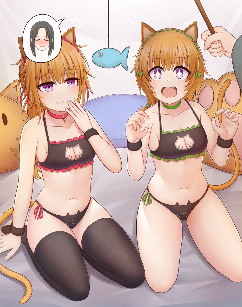 1boy 2girls absurdres animal_ears atorie blush bow cat_ears cat_girl cat_lingerie cat_tail collar commission facepaint fang fire_emblem fire_emblem:_path_of_radiance fire_emblem:_radiant_dawn hair_bow highres lethe_(fire_emblem) lyre_(fire_emblem) meme_attire multiple_girls nintendo orange_hair pixiv_commission purple_eyes soren_(fire_emblem) sparkling_eyes spoken_character tail