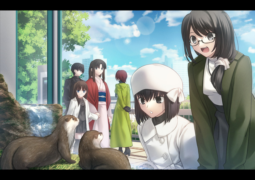 1boy 5girls animal aozaki_touko aozaki_touko_(mahou_tsukai_no_yoru) black_dress black_footwear black_gloves black_hair black_jacket black_shirt black_skirt black_sweater black_thighhighs blue_eyes blue_sash blue_sky blush boots breasts brown_hair building character_request city cloud coat dress family father_and_daughter gloves green_coat hair_between_eyes haori in-franchise_crossover jacket japanese_clothes kara_no_kyoukai kimono kokutou_mikiya kuonji_alice leaning_forward long_hair looking_at_another low_ponytail mahou_tsukai_no_yoru medium_breasts medium_hair mother_and_daughter multiple_girls obi otter outdoors parted_bangs pink_kimono ponytail railing ryougi_mana ryougi_shiki sash scrunchie semi-rimless_eyewear shadow shirt shoori_(migiha) short_hair side_ponytail sidelocks skirt sky smile sweater teeth thighhighs tile_floor tiles tree turtleneck turtleneck_sweater type-moon upper_teeth_only white_coat white_headwear white_scrunchie white_sweater zoo