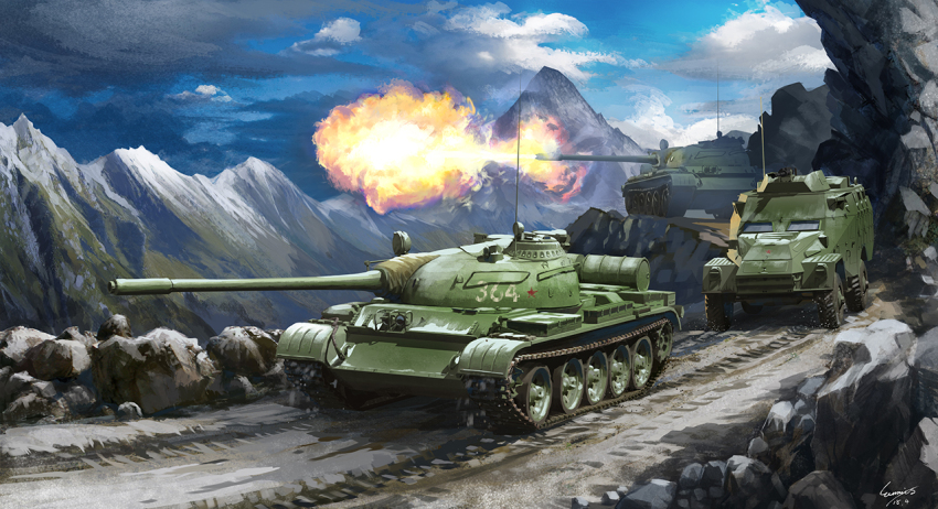 armored_personnel_carrier armored_vehicle btr-40 cliff cloud military military_vehicle motor_vehicle mountain no_humans original ost02 rock sky soviet t-55 tank vehicle_focus