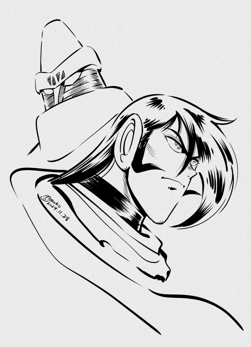 1boy 2024 asymmetrical_bangs dated frown getter-2 getter_robo getter_robo_(classic) greyscale head_spikes highres ishikawa_ken_(style) jin_hayato male_focus mecha mecha_focus miroku_(miroku_t) monochrome official_style portrait robot scarf short_hair sideburns super_robot
