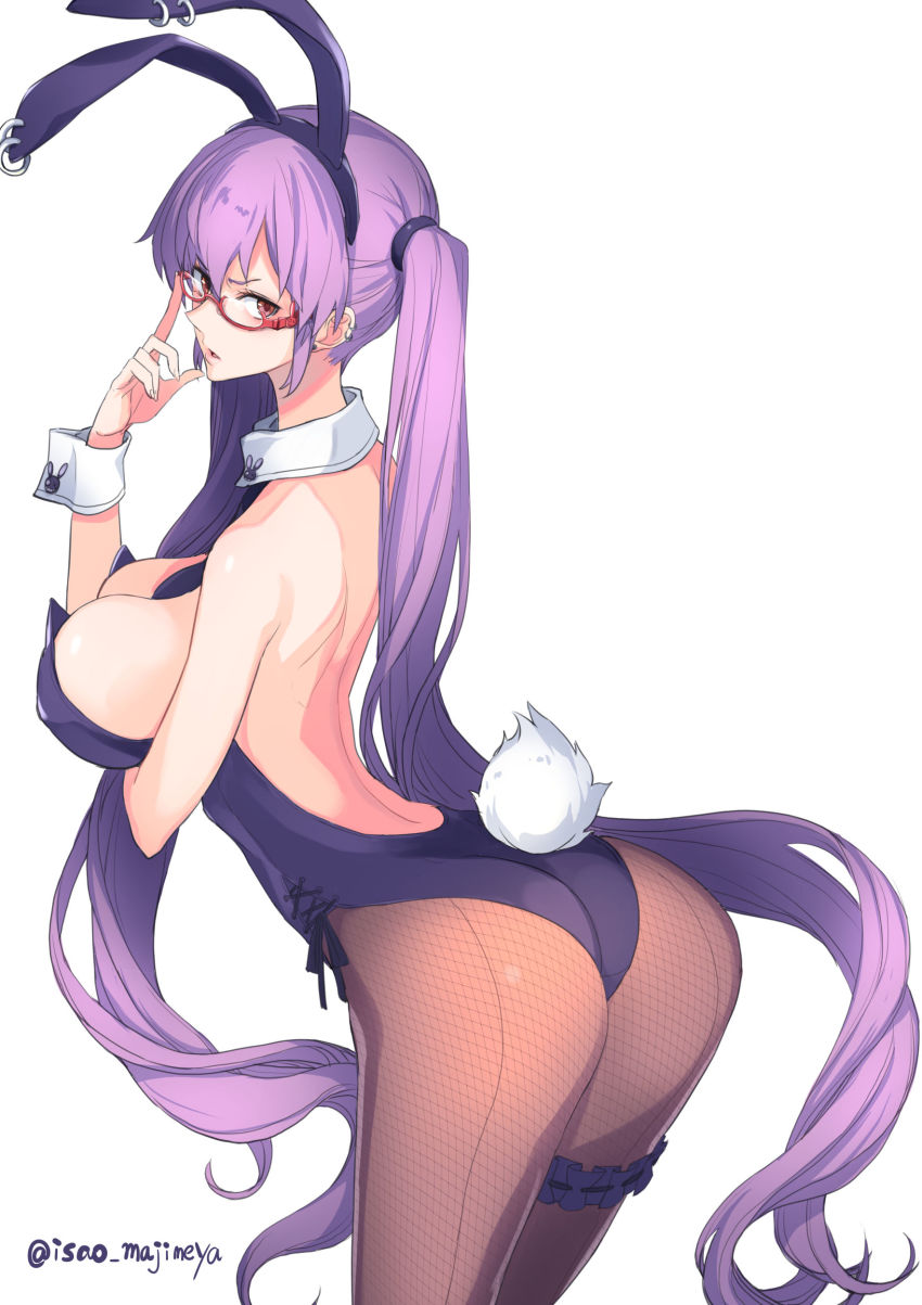 1girl absurdres animal_ears ass back bare_shoulders between_breasts breasts detached_collar fake_animal_ears female_focus fishnet_pantyhose fishnets highres isao large_breasts leaning_forward leotard long_hair looking_at_viewer looking_back necktie necktie_between_breasts original pantyhose parted_lips playboy_bunny purple_hair rabbit_ears rabbit_tail red_eyes simple_background solo standing tail thigh_strap twintails very_long_hair white_background wrist_cuffs