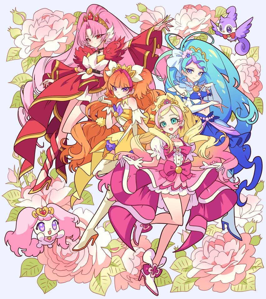 4girls akagi_towa amanogawa_kirara aroma_(go!_princess_precure) blonde_hair blue_dress blue_hair blunt_bangs boots crown cure_flora cure_mermaid cure_scarlet cure_twinkle dress eyelashes flower frilled_dress frills full_body go!_princess_precure haruno_haruka high_heel_boots high_heels highres kaidou_minami meremero multiple_girls orange_hair pink_dress pink_flower pink_hair pink_rose precure puff_(go!_princess_precure) puffy_short_sleeves puffy_sleeves purple_eyes red_dress rose short_sleeves smile thigh_boots yellow_dress