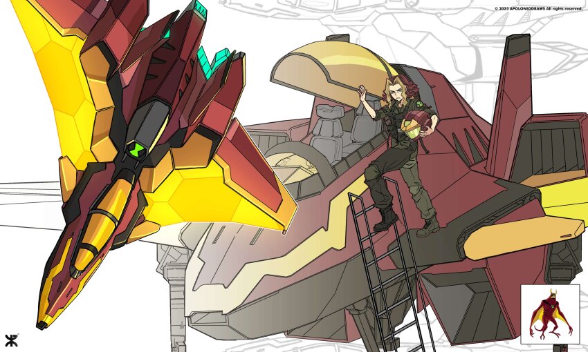 1girl absurdres aircraft airplane alien apoloniodraws ben_10 ben_10:_alien_force blonde_hair eyebrow_cut fighter_jet genderswap genderswap_(mtf) green_eyes helmet highres holding holding_helmet jetray military_vehicle multicolored_hair omnitrix on_ladder pilot red_hair two-tone_hair