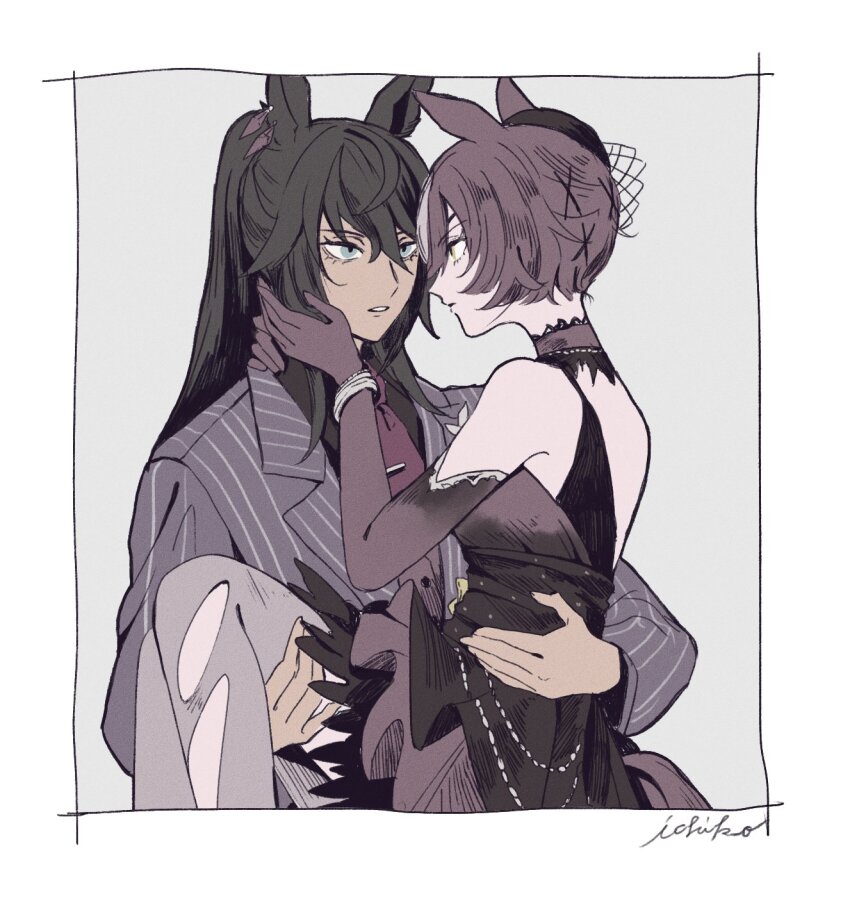 2girls animal_ears arm_around_neck bare_shoulders black_hair black_shirt bracelet brown_dress brown_hair carrying commentary dress ear_ornament elbow_gloves eye_contact face-to-face formal_clothes gloves grey_background grey_eyes grey_jacket hand_on_another&#039;s_face hand_on_another&#039;s_leg hand_on_another&#039;s_neck hand_on_another&#039;s_waist highres horse_ears horse_girl ichiko_(9rasu_15) jacket jewelry layered_dress long_hair long_sleeves looking_at_another multiple_girls official_alternate_costume parted_lips ponytail princess_carry shirt short_hair signature striped_clothes striped_jacket suit_jacket symbol-only_commentary symboli_kris_s_(umamusume) tanino_gimlet_(umamusume) umamusume upper_body vertical-striped_clothes vertical-striped_jacket yellow_eyes yuri