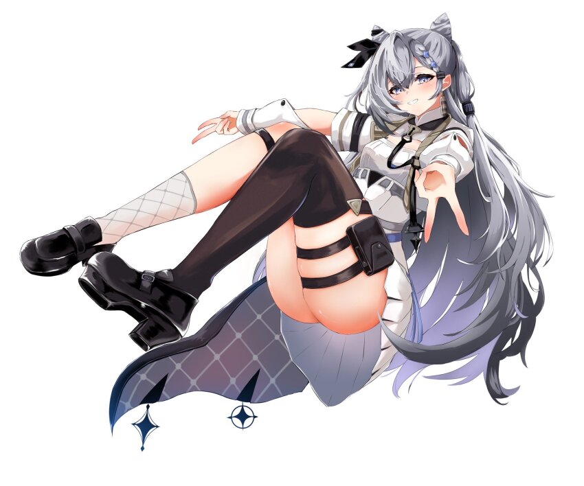 1girl asymmetrical_legwear cone_hair_bun double_v dress earrings grey_hair hair_bun highres hololive hololive_indonesia jewelry long_hair mismatched_legwear nyarome_(nyaromeart) pouch purple_eyes single_earring single_thighhigh skindentation smile thigh_pouch thighhighs thighs v vestia_zeta vestia_zeta_(1st_costume) virtual_youtuber white_background white_dress