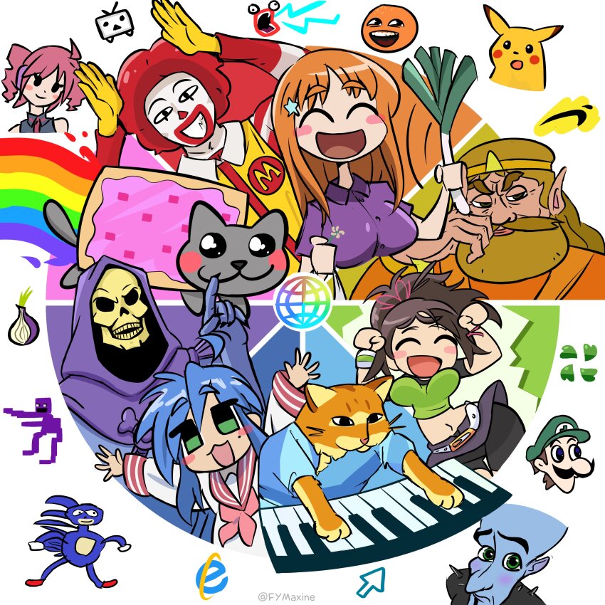 4chan ^_^ absurdres ahoge annoying_orange annoying_orange_(series) bike_shorts bike_shorts_under_skirt black_shorts bleach blue_hair blush_stickers brown_hair caramelldansen closed_eyes closed_mouth clown clown_boy collared_shirt color_wheel_challenge commentary cursor drill_hair english_commentary exit_tunes facial_hair five_nights_at_freddy&#039;s fukkireta fymaxine gen_1_pokemon green_eyes grey_shirt hair_between_eyes head_tilt highres index_finger_raised inoue_orihime instrument internet_explorer izumi_konata kasane_teto kasane_teto_(utau) keyboard_(instrument) keyboard_cat king_harkinian leekspin_(meme) logo looking_at_viewer lucky_star luigi mako_(exit_tunes) mario_(series) mario_is_missing! masters_of_the_universe mcdonald&#039;s megamind megamind_(movie) meme miniskirt multiple_drawing_challenge multiple_girls music mustache navel necktie niconico nintendo no_bitches?_(meme) nyan_cat open_mouth orange_cat orange_hair pikachu pink_hair pink_necktie playing_instrument pokemon purple_shirt purple_skirt red_hair ronald_mcdonald ryouou_school_uniform school_uniform serafuku shirt shoop_da_whoop short_sleeves shorts skeletor skirt skull skull_head sleeveless sleeveless_shirt solid_circle_eyes sonic_(series) sonic_the_hedgehog surprised_pikachu_(meme) teeth the_legend_of_zelda the_legend_of_zelda_(cd-i) tor_browser twin_drills twitter_username upper_body utau whiskers william_afton winter_uniform