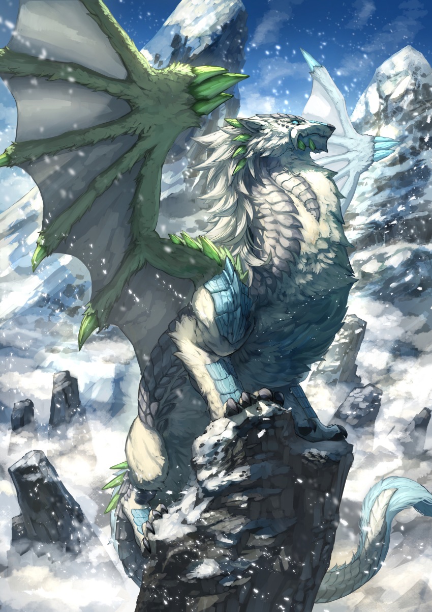 absurdres blue_eyes blue_sky claws closed_mouth commentary_request commission dragon dragon_wings facing_to_the_side highres mountain original outdoors skeb_commission sky slit_pupils snow snowing tagme tail white_fur wings yumo80295386