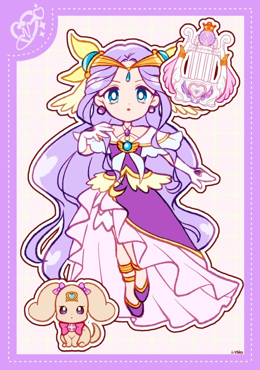 1girl absurdly_long_hair blue_eyes border circlet cure_earth deformed dot_nose dotted_line dress earrings eyelashes flats floating frilled_dress frilled_sleeves frills full_body fuurin_asumi gloves gold_anklet grid_background hair_ornament hand_on_own_shoulder harp healin&#039;_good_precure heart heart_print highres instrument jewelry latte_(precure) long_dress long_hair magical_girl outline parted_lips pink_background precure purple_border purple_dress purple_hair purple_shoes shoes short_sleeves side_slit signature sphere_earrings tareme uwded_207 very_long_hair wavy_hair white_gloves white_outline white_sleeves wing_hair_ornament