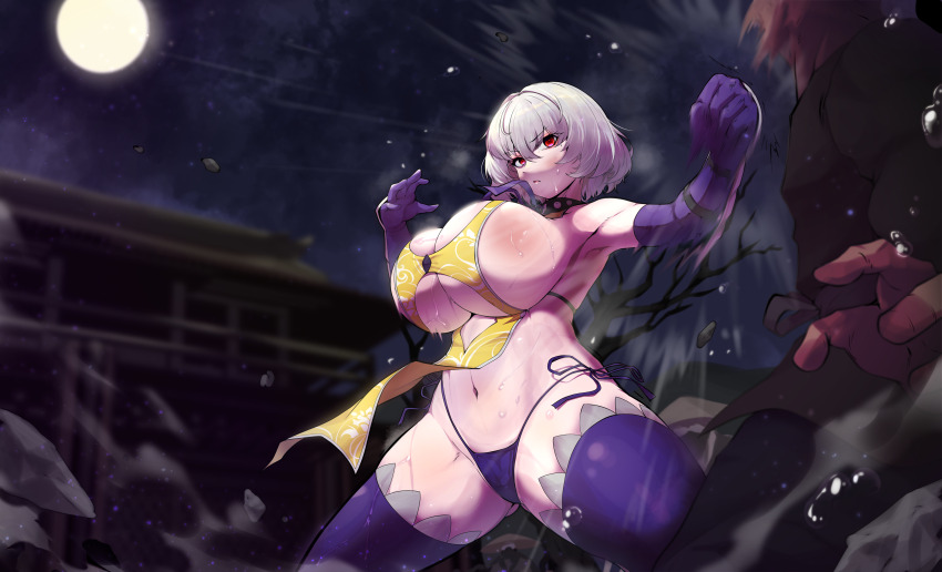 &gt;:( 1boy 1girl absurdres armpits artier&#039;s_character artist_request bare_hips bare_shoulders bob_cut breasts bruise bruise_on_chest bruise_on_face cleavage cleavage_cutout clenched_hand clothing_cutout dress elbow_gloves fighting flying_sweatdrops gloves highres injury large_breasts mixed-sex_combat moon navel night night_sky non-web_source original out_of_frame panties pelvic_curtain punching revealing_clothes serious short_hair side-tie_panties skindentation sky stomach sweat sweatdrop thick_thighs thighhighs thighs underwear v-shaped_eyebrows yellow_dress
