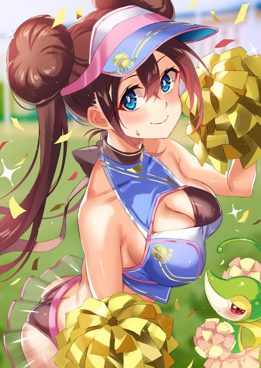1girl ass black_panties blue_eyes blurry blurry_background blush breasts brown_hair cleavage closed_mouth confetti day donut_hair_bun gen_5_pokemon hair_bun highres holding holding_pom_poms inue_ao large_breasts long_hair miniskirt nintendo outdoors panties poke_ball_symbol pokemon pokemon_(creature) pokemon_bw2 pom_pom_(cheerleading) pom_poms rosa_(pokemon) see-through_clothes see-through_skirt skirt smile snivy solo_focus sweat twintails underwear very_long_hair visor_cap