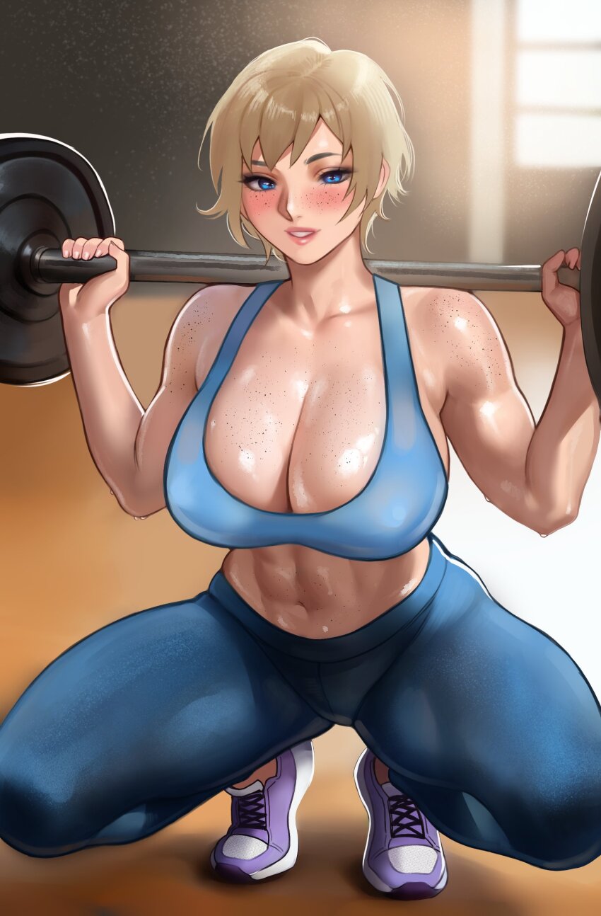 1girl abs absurdres barbell blonde_hair blue_eyes blue_pants blue_sports_bra blush body_freckles breast_freckles breasts cleavage collarbone exercising freckles grin hands_up highres huge_breasts indoors kirani looking_at_viewer midriff mismatched_eyebrows multicolored_shoes navel original pants purple_shoes scoop_neck shoes short_hair shoulder_freckles smile sneakers solo sports_bra squatting stomach sweat teeth tight_clothes tight_pants tiptoes toned toned_female two-tone_shoes weightlifting white_shoes yoga_pants