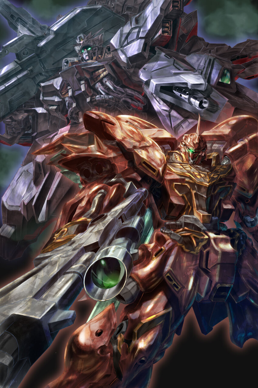 beam_rifle commentary_request commission energy_gun foreshortening glowing glowing_eye glowing_eyes green_eyes gun gundam gundam_seed gundam_unicorn highres holding holding_gun holding_weapon horns looking_at_viewer mecha mecha_focus mobile_suit no_humans one-eyed providence_gundam robot science_fiction scope sinanju single_horn skeb_commission uungunover v-fin weapon