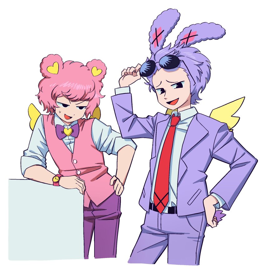 2boys animal_ears bear_ears black_eyes collared_shirt cropped_legs eyewear_on_head formal_clothes hand_on_own_hip hand_up highres holding holding_removed_eyewear jacket kuma_(pripara) lau_(laustar30) long_sleeves looking_at_viewer male_focus multiple_boys necktie open_mouth pants personification pink_hair pink_vest pretty_series pripara purple_hair purple_jacket purple_pants purple_suit rabbit_ears red_necktie shirt short_hair simple_background smile standing suit sunglasses unworn_eyewear usagi_(pripara) vest watch white_background white_shirt wristwatch yellow_wings
