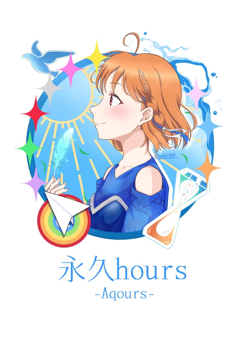 1girl ahoge aziazi014 bare_shoulders blue_background blue_ribbon blue_shirt braid clothing_cutout collarbone commentary_request eikyuu_hours from_side group_name highres love_live! love_live!_sunshine!! orange_hair paper_airplane profile red_eyes ribbon round_image shirt short_hair shoulder_cutout side_braid solo song_name takami_chika water white_ribbon