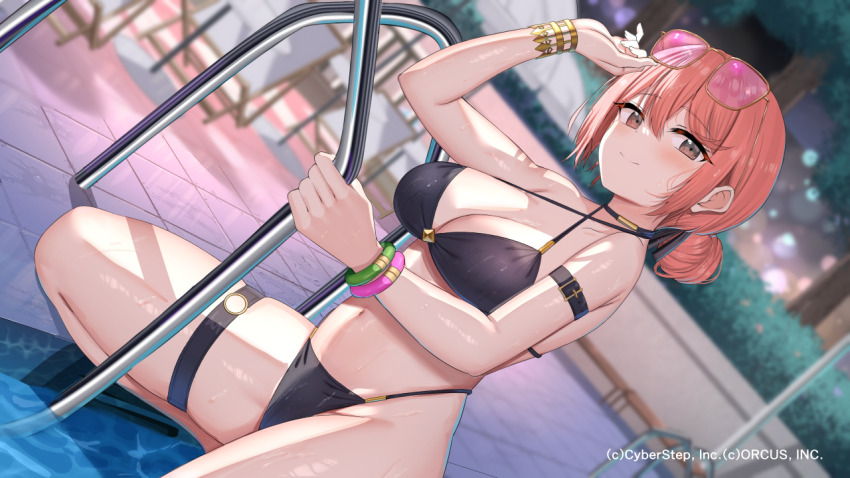 1girl arm_belt bare_arms bare_shoulders bikini black_bikini black_choker black_stella_ptolomea blurry bokeh bracelet breasts brown_eyes choker cleavage closed_mouth criss-cross_halter depth_of_field dutch_angle eyewear_on_head hair_bun halterneck hand_up highleg highleg_bikini jewelry kanikou long_hair looking_at_viewer medium_breasts navel orange_hair outdoors poolside smile solo stomach strap_gap string_bikini sunglasses swimsuit thigh_strap thighs wet