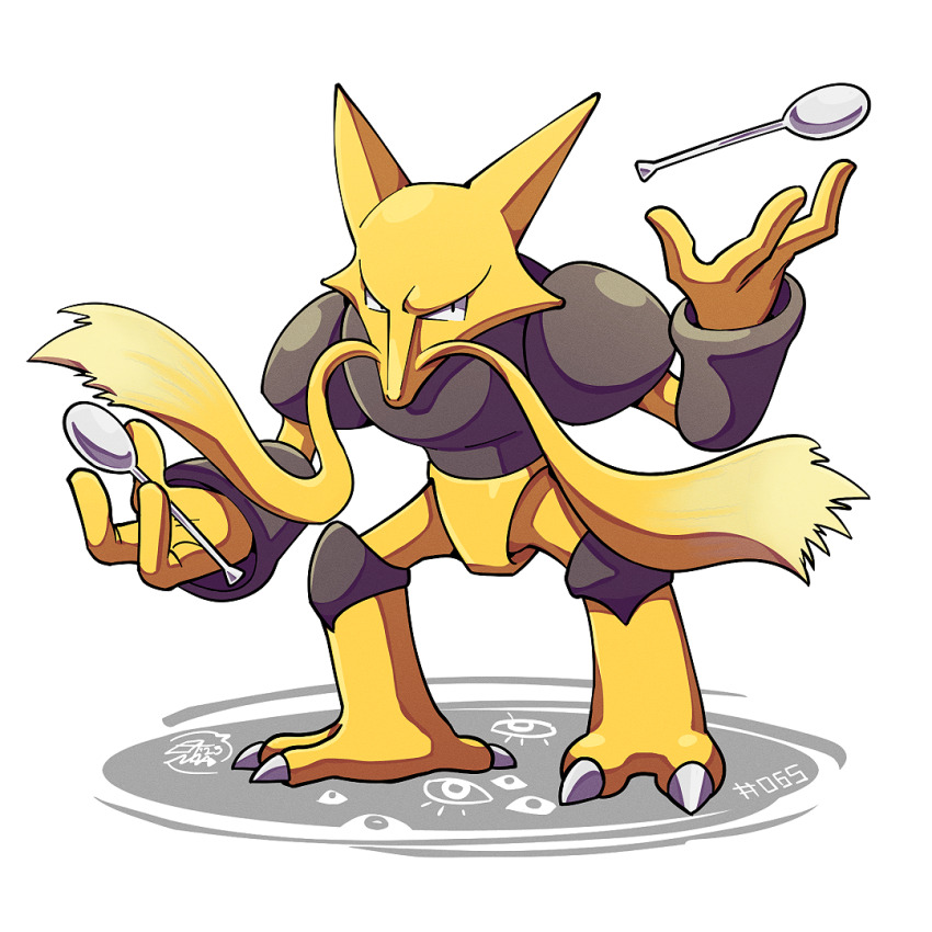 alakazam full_body gen_1_pokemon holding holding_spoon looking_at_viewer mistray-art nintendo no_humans pokemon pokemon_(creature) signature simple_background solo spoon telekinesis white_background