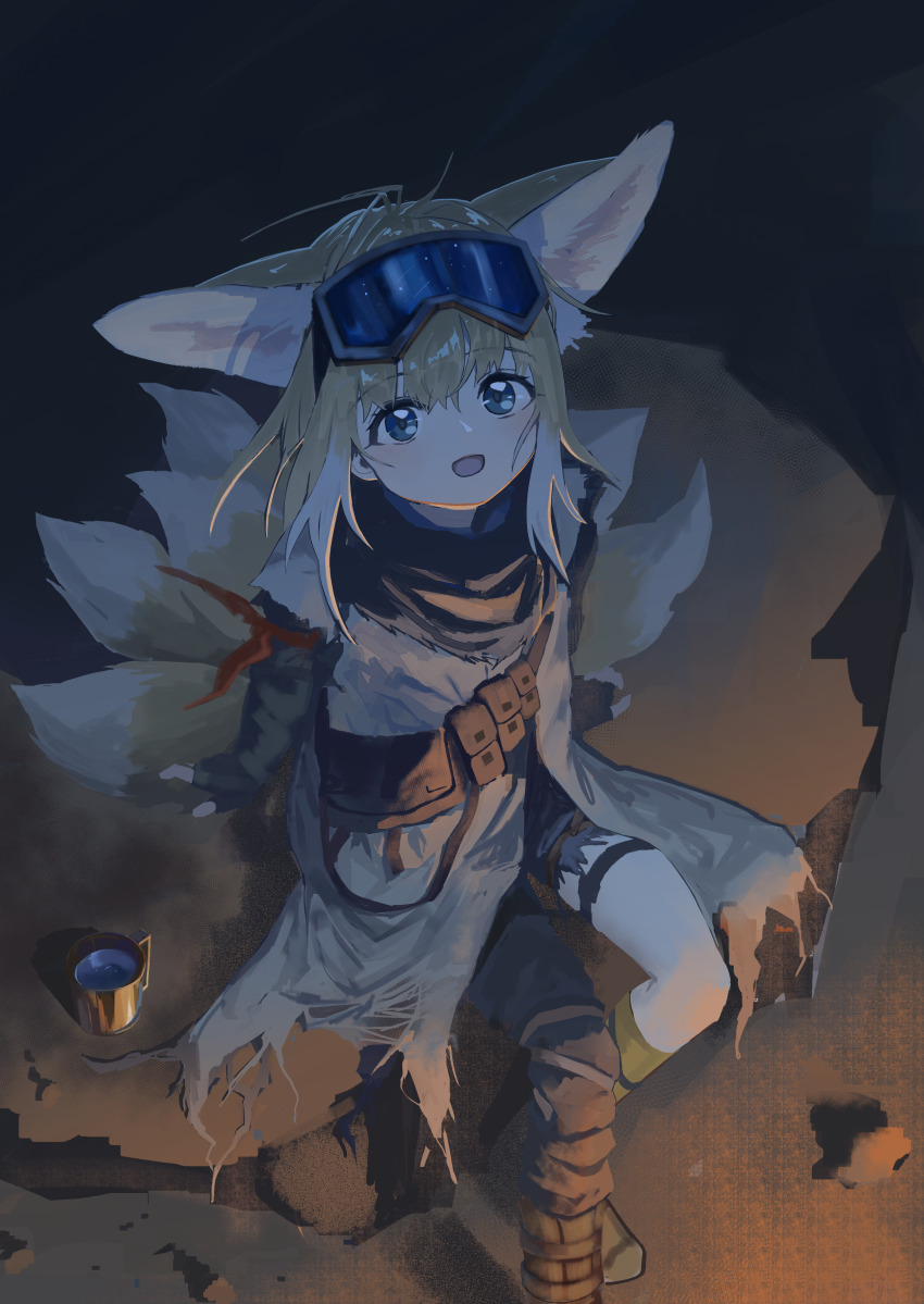 1girl absurdres animal_ears arknights blonde_hair blue_eyes commentary_request extra_ears fox_ears fox_girl fox_tail goggles goggles_on_head highres kitsune kyuubi looking_at_viewer mikeneko90 multiple_tails official_alternate_costume open_mouth solo suzuran_(arknights) suzuran_(lostlands_flowering)_(arknights) tail