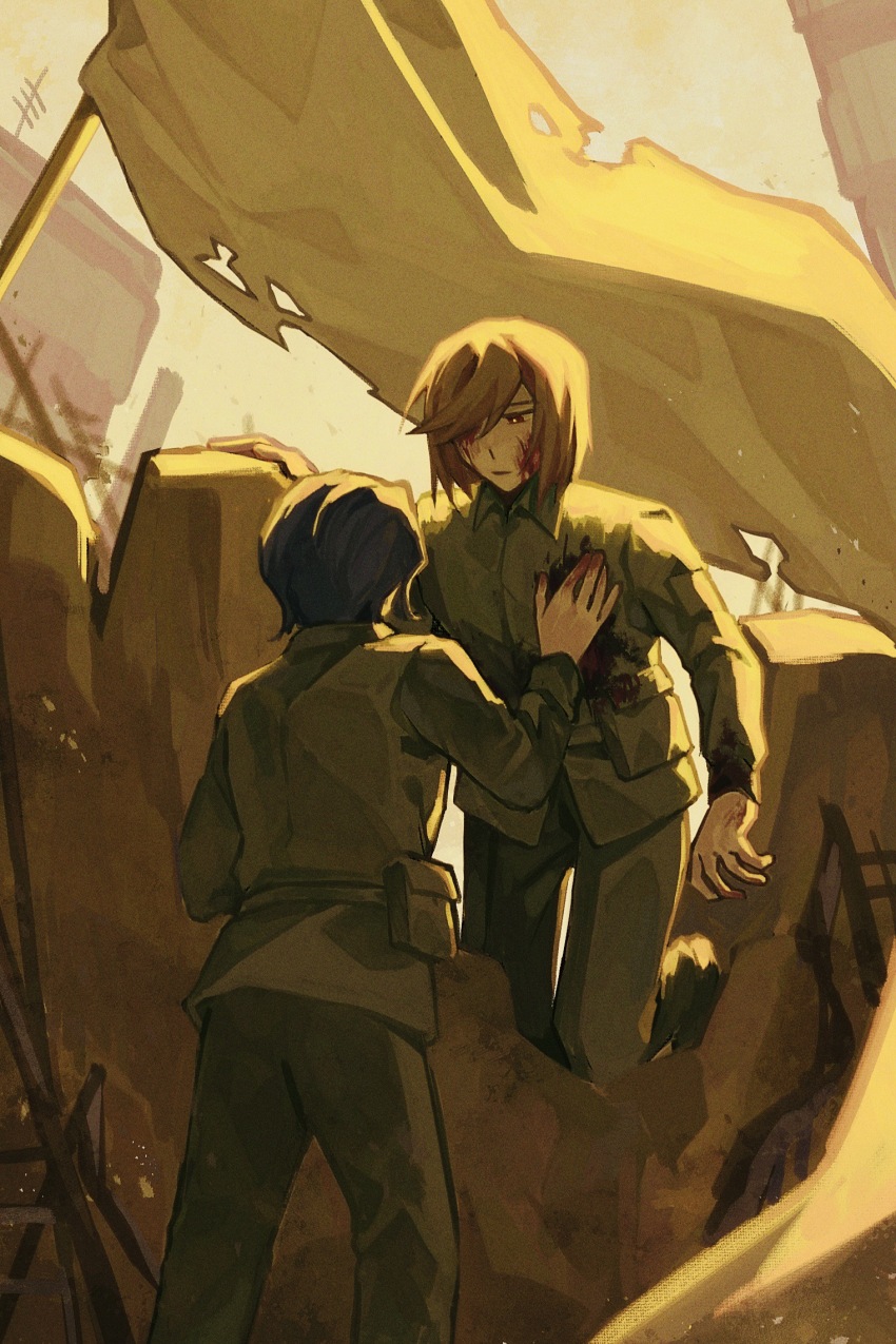2boys belt blood blood_on_clothes blood_on_face blood_on_hands blue_hair bright_pupils brown_hair chinese_commentary collared_jacket commentary_request dark_blue_hair film_grain flag green_belt green_jacket green_pants hair_over_one_eye hand_on_another&#039;s_chest harada_mutei highres imperial_japanese_army jacket long_sleeves male_focus military_uniform multiple_boys pants parted_lips saibou_shinkyoku short_hair soldier torn_flag utsugi_rangiri white_flag yadeliya_hai yellow_pupils