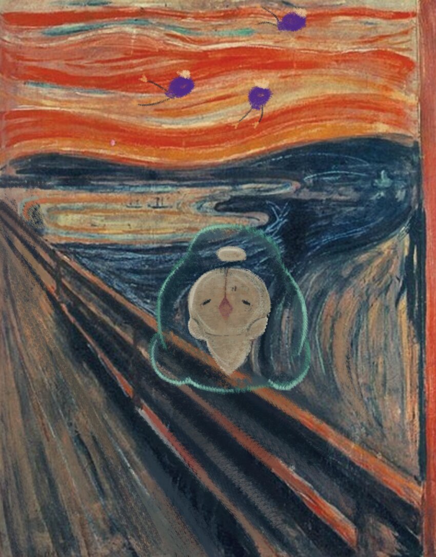 bridge diamond_mouth drifloon duosion duosiondrifloon fine_art_parody floating gen_4_pokemon gen_5_pokemon hands_on_own_cheeks hands_on_own_face hands_on_own_head highres nintendo no_humans open_mouth orange_sky painting_(object) parody pokemon pokemon_(creature) pokemon_focus screaming sky the_scream water