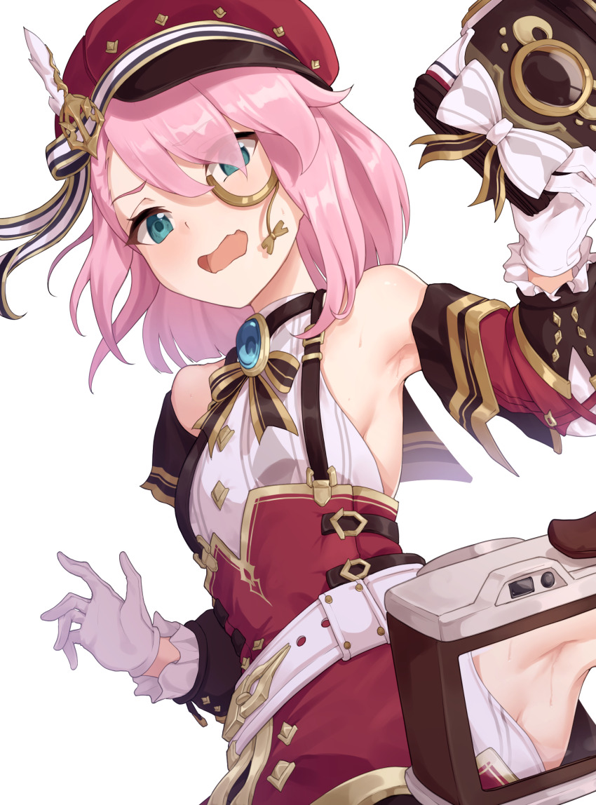1girl absurdres armpits black_bow black_bowtie blue_brooch blue_eyes book bow bowtie camera charlotte_(genshin_impact) detached_sleeves eyes_visible_through_hair flat_chest genshin_impact gloves gueya highres holding holding_book holding_camera medium_hair open_mouth pink_hair red_headwear red_skirt red_sleeves shirt skirt sleeveless sleeveless_shirt suspender_skirt suspenders sweat white_bow white_gloves white_shirt