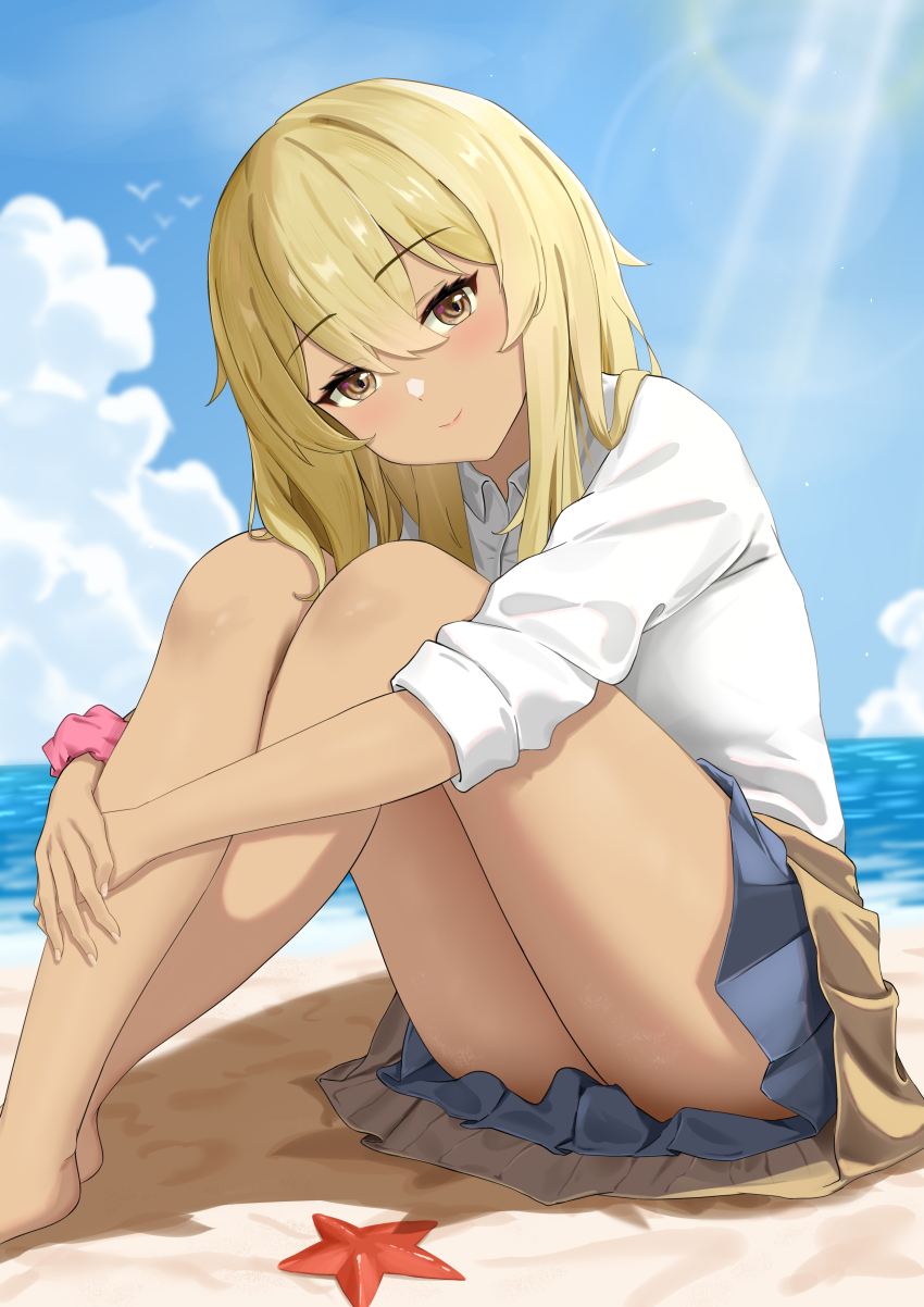1girl absurdres blonde_hair blue_skirt brown_eyes cloud cloudy_sky dark-skinned_female dark_skin higa_kana highres okinawa_de_suki_ni_natta_ko_ga_hougen_sugite_tsurasugiru shirobako_srbk shirt sitting skirt sky smile white_shirt